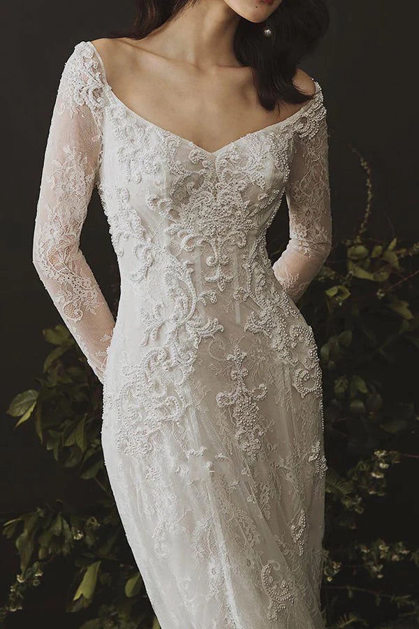 Sheath Long Sleeves Wedding Dress Lace Boho Wedding Gown